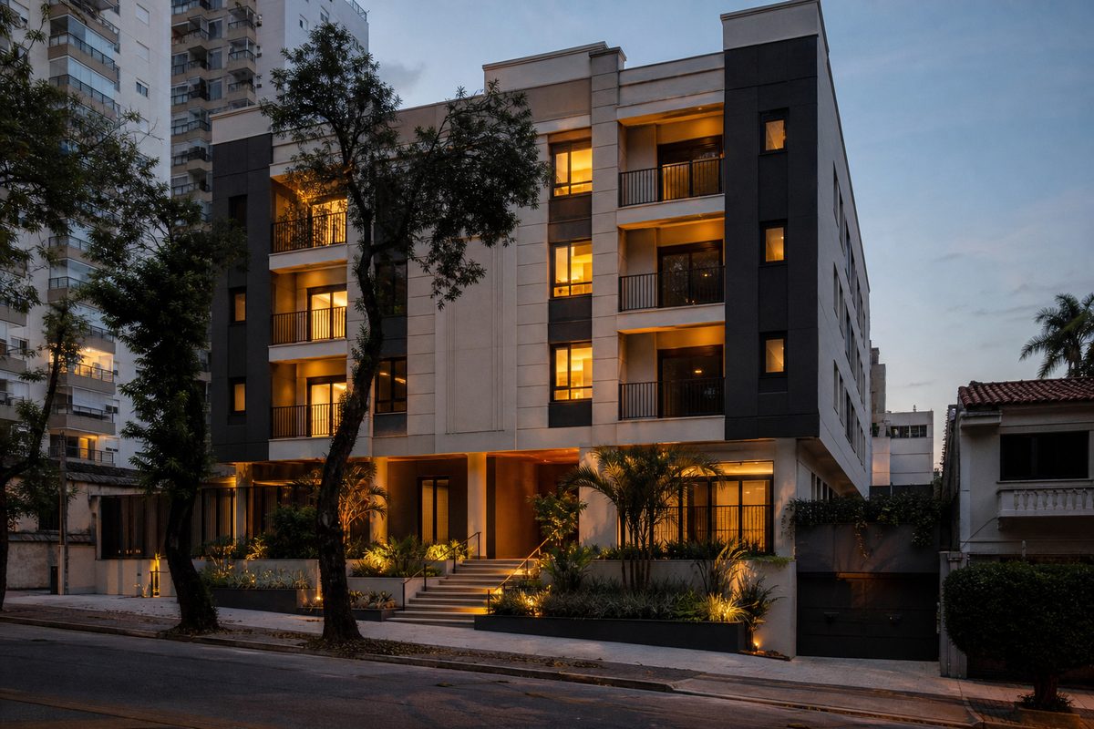 Fachada de edifício residencial contemporâneo, referência visual de negócios imobiliários.